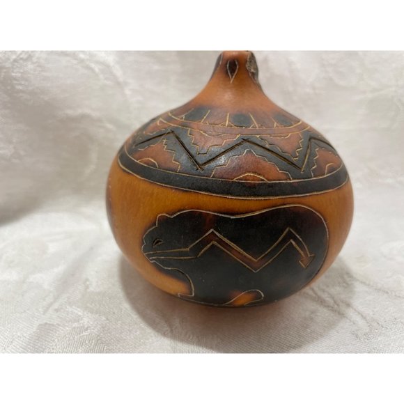 Gourd Trinket Box Bowl Bear Wood Burned Design Trees Nature 3.5”x3.5” - Picture 4 of 7